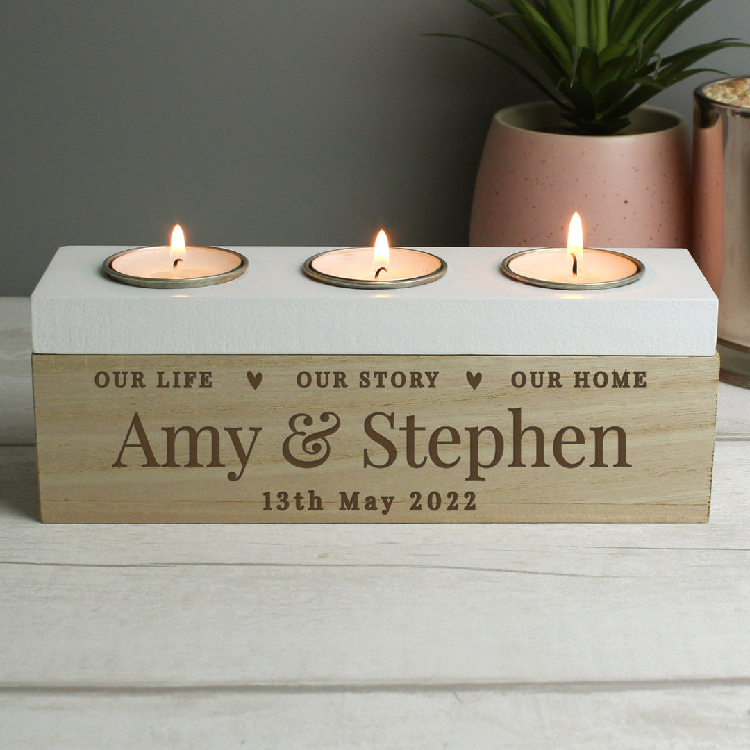 Personalised Our Life Story &amp; Home Triple Tea Light Box – alternative view