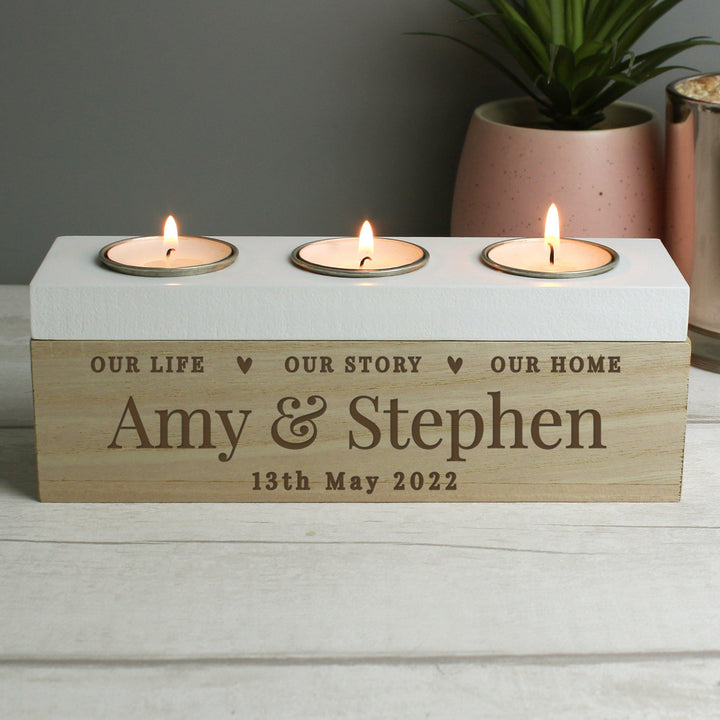 Personalised Our Life Story &amp; Home Triple Tea Light Box – alternative view