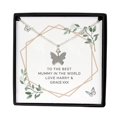 Personalised Botanical Sentiment Butterfly  Necklace and Box