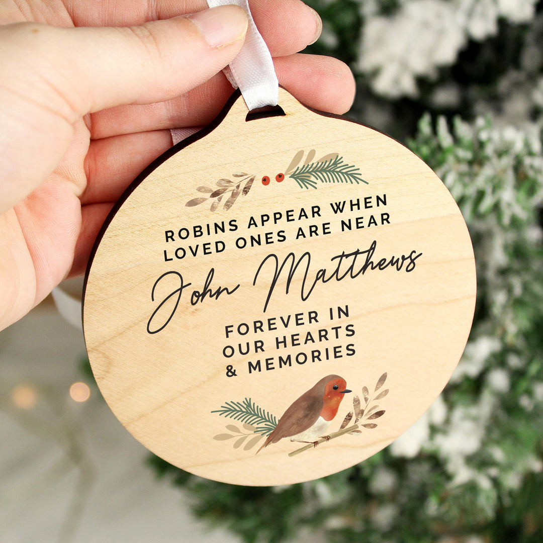 Personalised Robin Memorial Round Wooden Decoration – alternative view