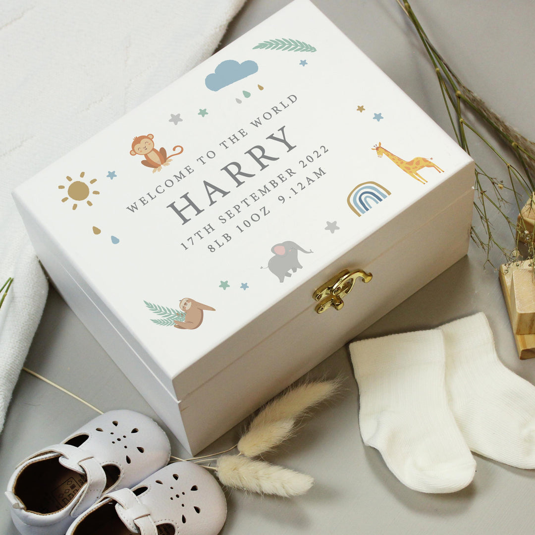 Personalised Safari Animals White Wooden Keepsake Box, The Personal Shop, personalised gifts
