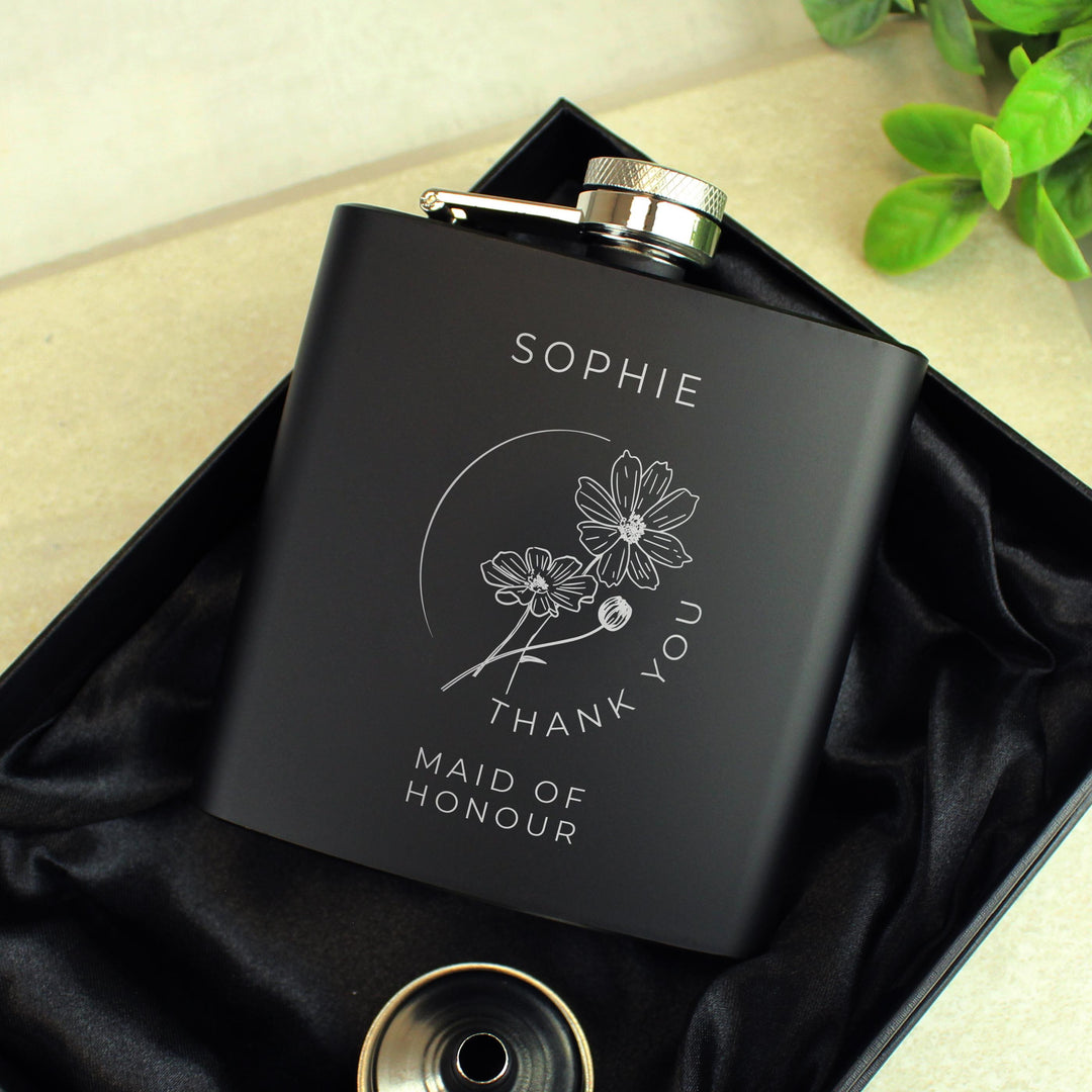 Personalised Monochrome Floral Wedding Party Black Hip Flask – alternative view