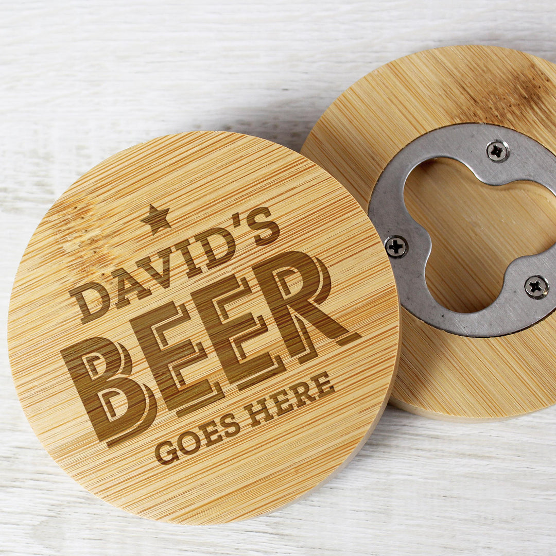Personalised Beer Goes Here Bamboo Bottle Opener Coaster – alternative view