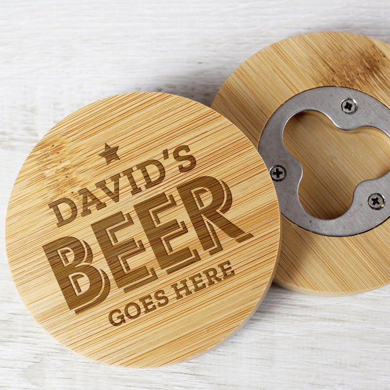 Personalised Beer Goes Here Bamboo Bottle Opener Coaster