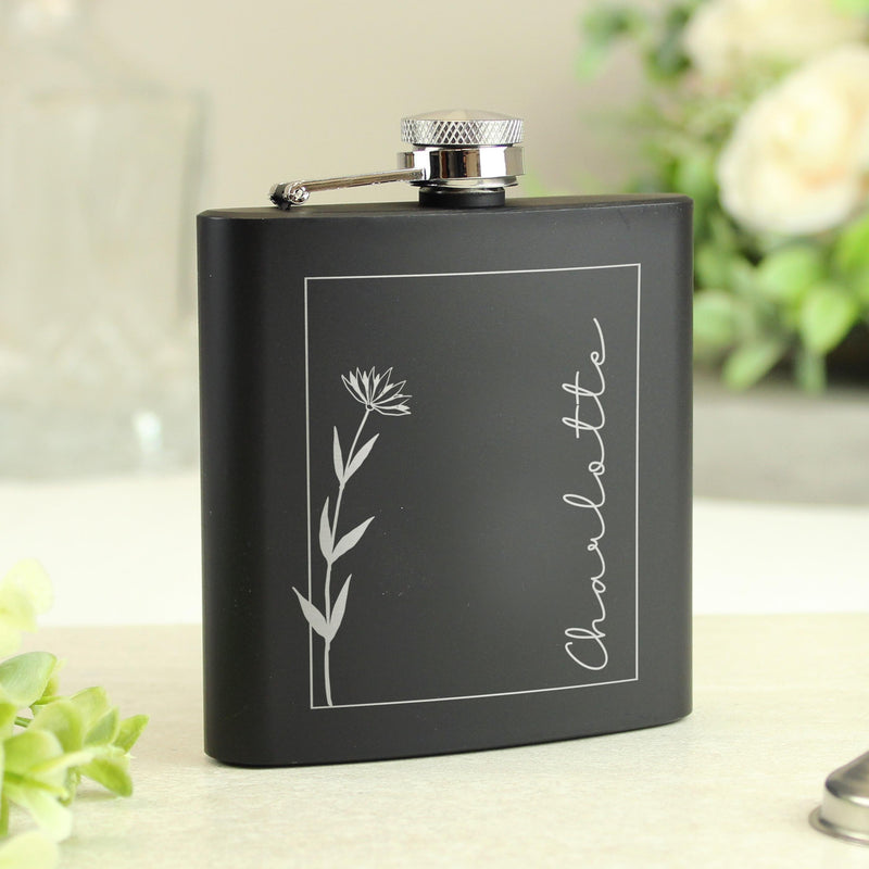 Personalised Monochrome Floral Name Wedding Party Black Hip Flask