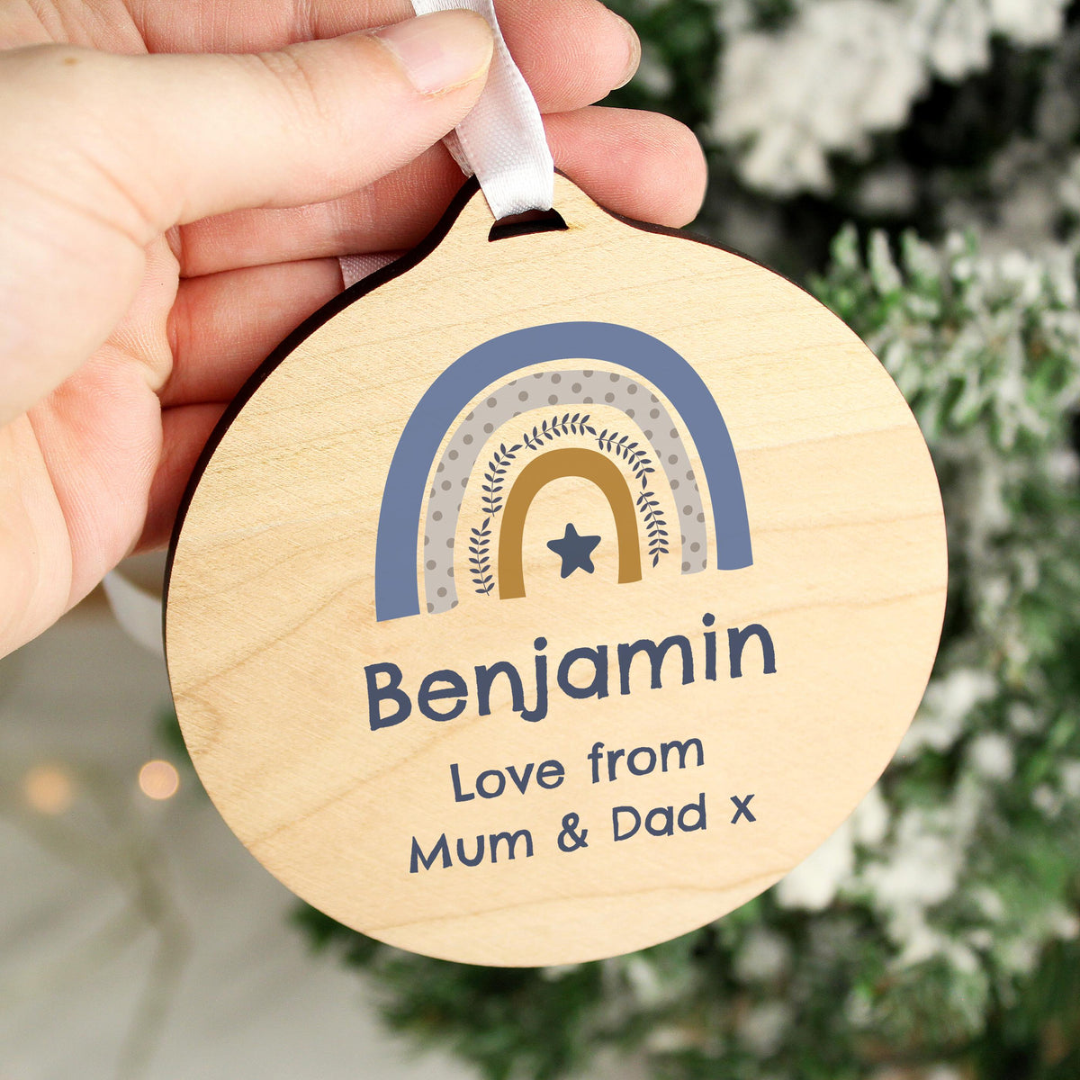 Personalised Blue Rainbow Round Wooden Decoration – alternative view