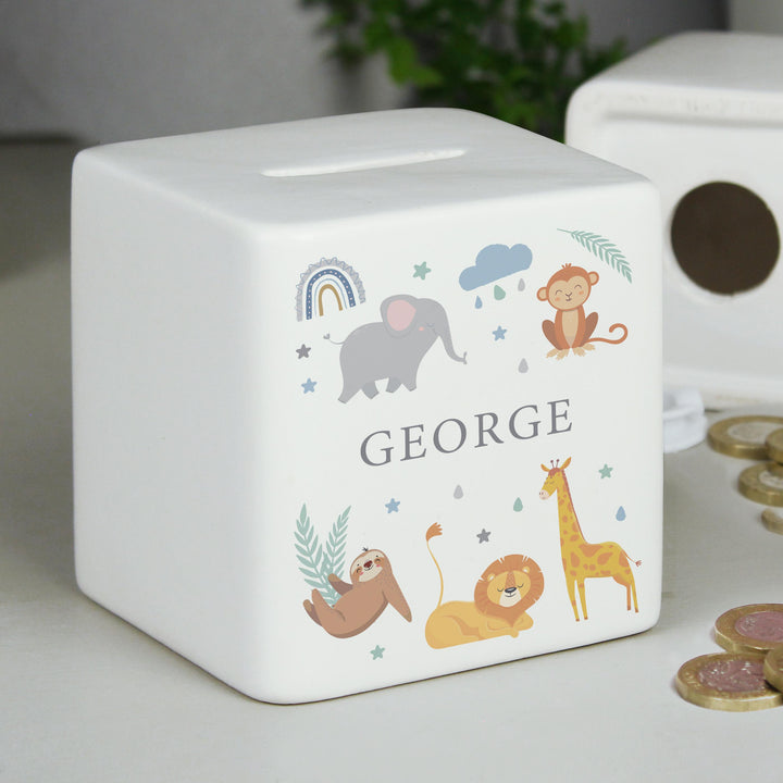 Personalised Safari Animals Ceramic Baby Moneybox – alternative view