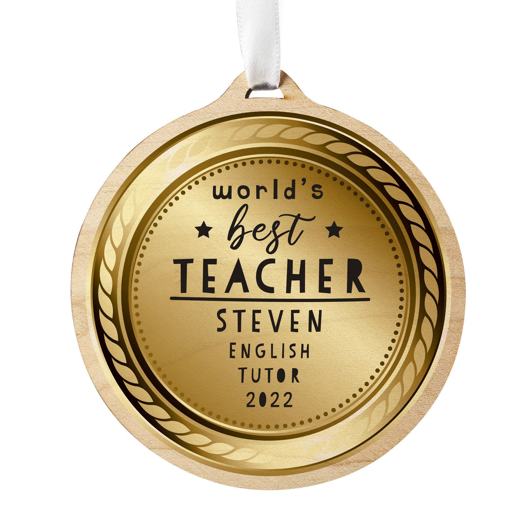 Personalised Worlds Best Teacher Round Wooden Medal – alternative view