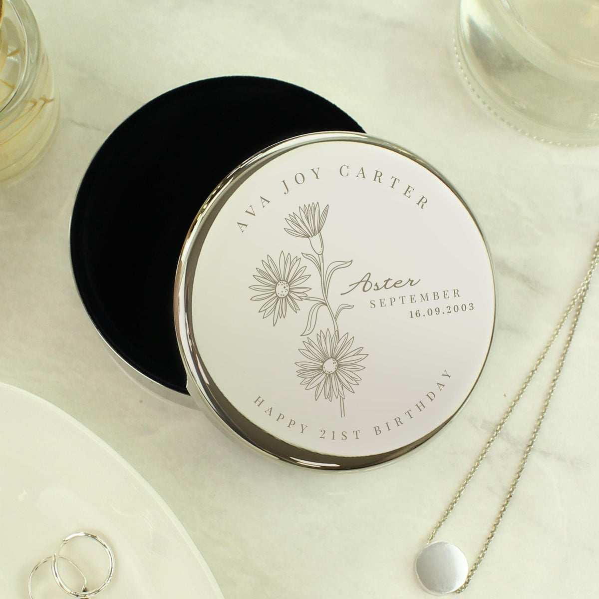Personalised September Birth Flower Round Trinket Box – alternative view