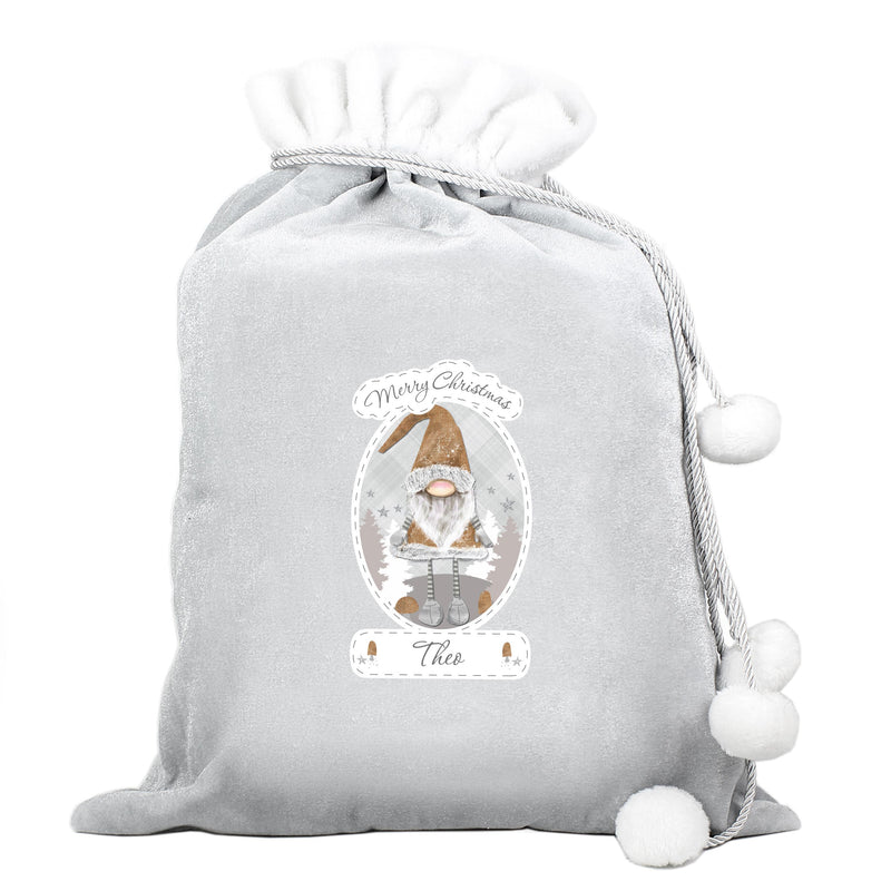 Personalised Christmas Gonk Luxury Silver Grey Pom Pom Sack