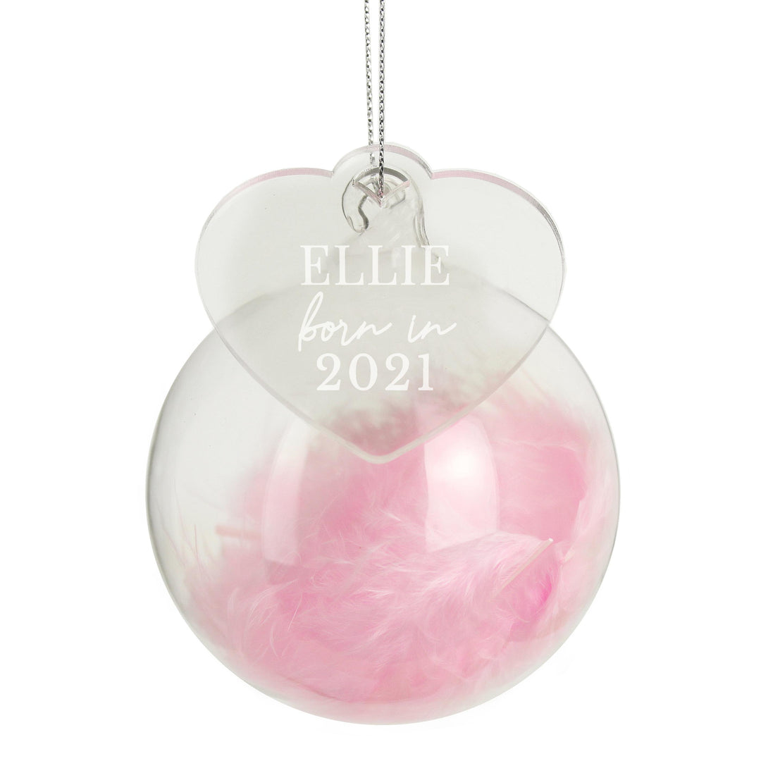 Personalised Born In Pink Feather Glass Bauble With Heart Tag – alternative view