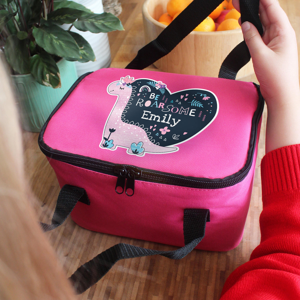 Personalised Dinosaur Pink Lunch Bag, The Personal Shop, personalised gifts