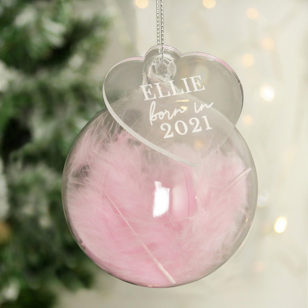 Personalised Born In Pink Feather Glass Bauble With Heart Tag – alternative view
