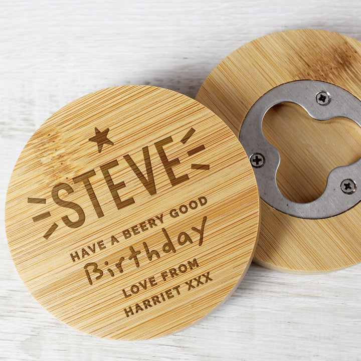 Personalised Star Bamboo Bottle Opener Coaster – alternative view