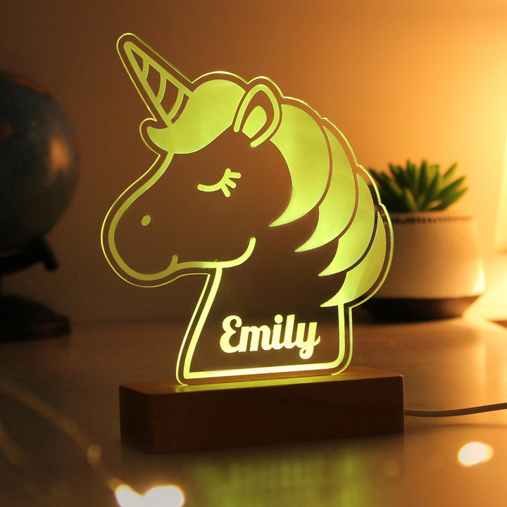 Personalised Unicorn LED Light with Wooden Base