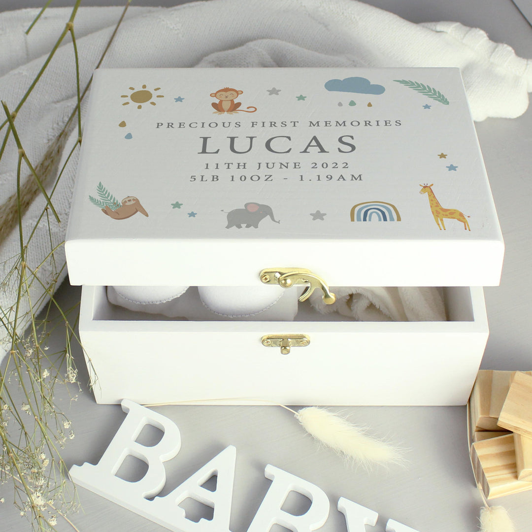 Personalised Safari Animals White Wooden Keepsake Box, The Personal Shop, personalised gifts