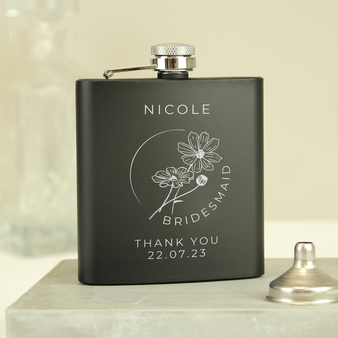 Personalised Monochrome Floral Wedding Party Black Hip Flask – alternative view