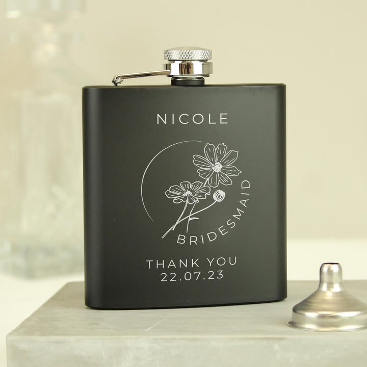 Personalised Monochrome Floral Wedding Party Black Hip Flask – alternative view