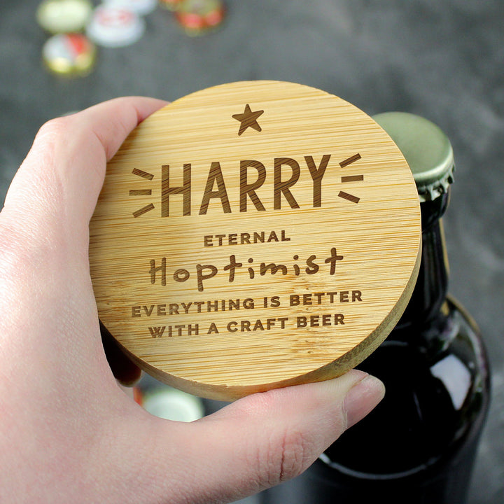 Personalised Star Bamboo Bottle Opener Coaster – alternative view