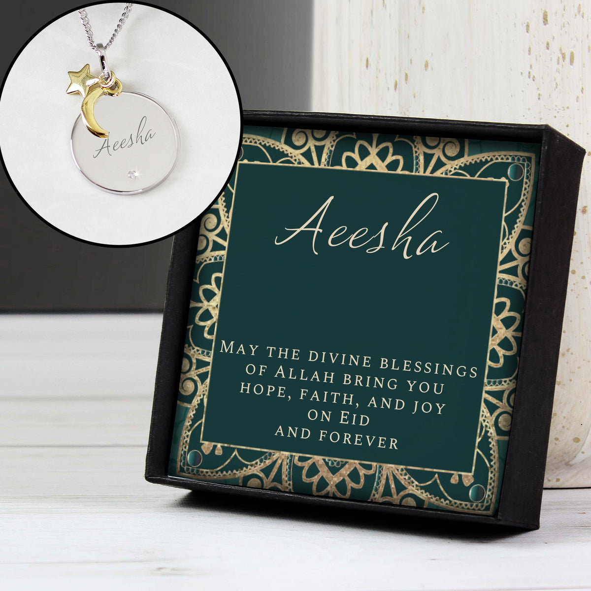 Personalised Sentiment Eid Moon & Star Sterling Silver Necklace and Box – alternative view
