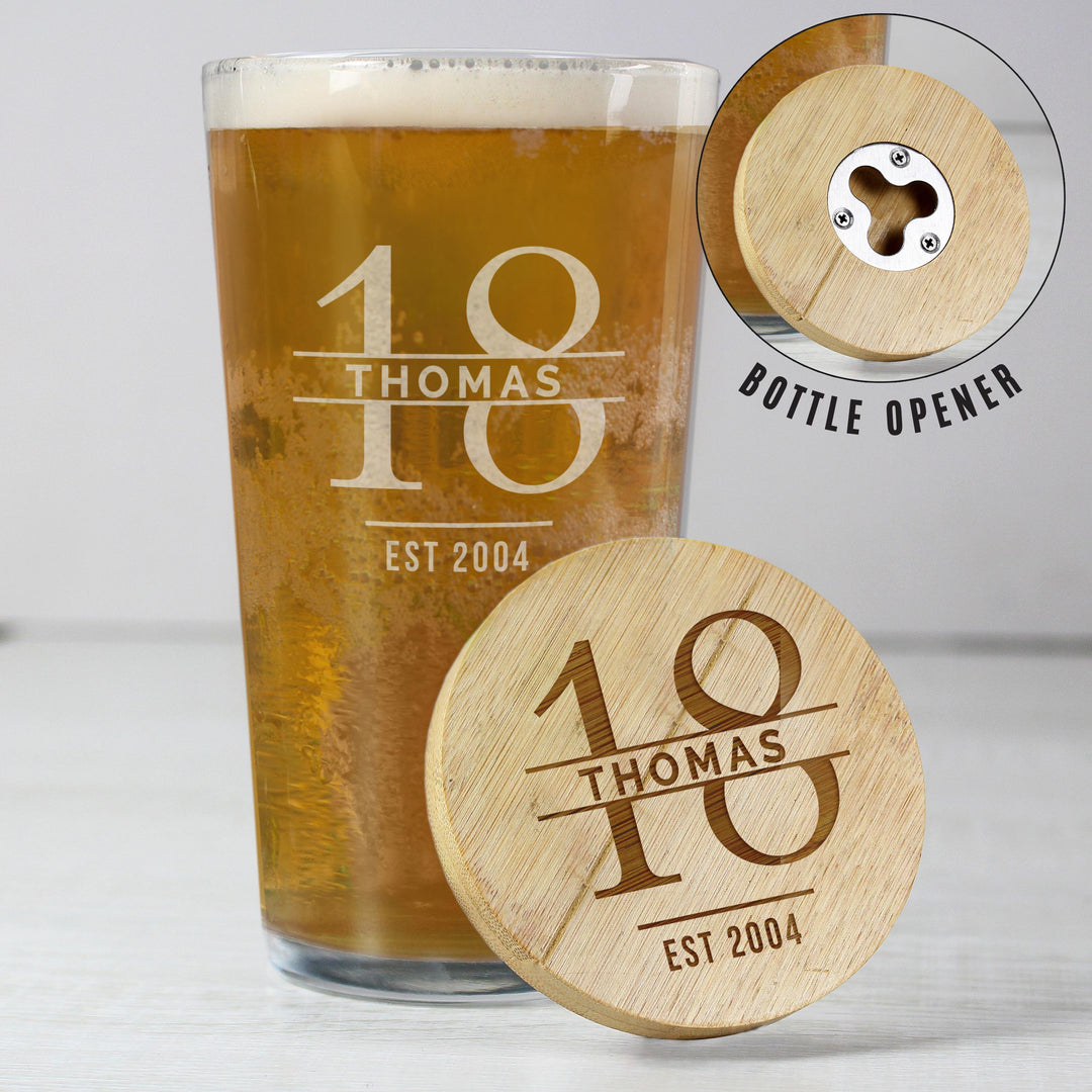 Personalised Big Age Bamboo Bottle Opener Coaster and Pint Glass Set – alternative view