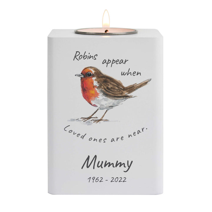 Personalised Robins Appear White Wooden Tea light Holder – alternative view