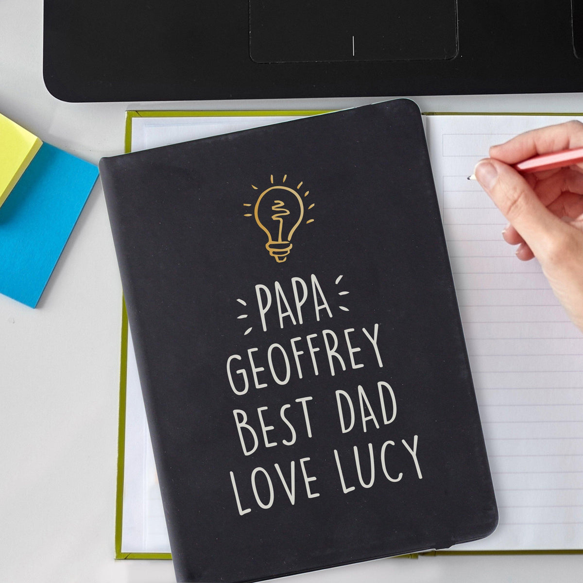 Personalised Light Bulb Black Hardback Notebook, The Personal Shop, personalised gifts