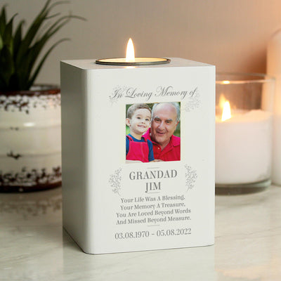 Personalised Memorial Photo White Wooden Tea light Holder