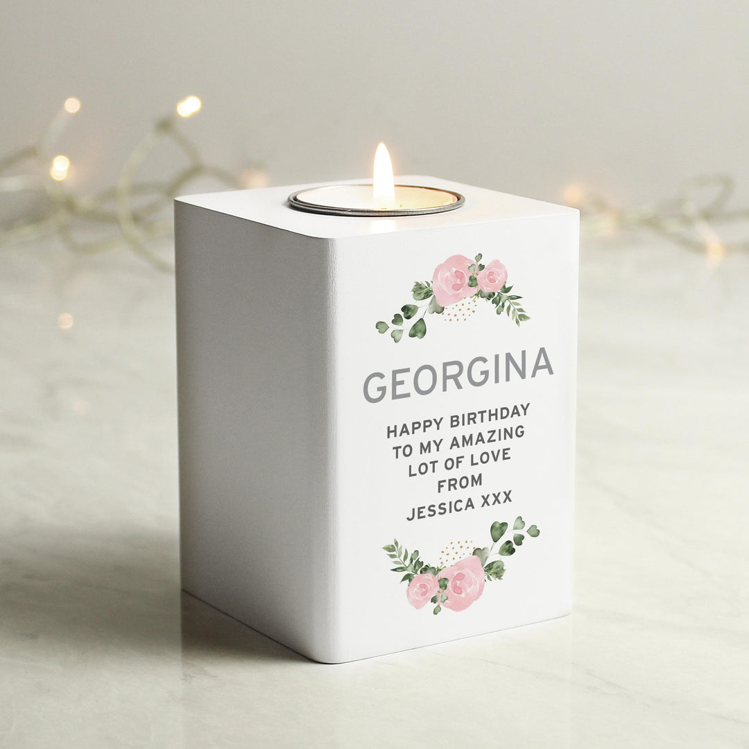 Personalised Abstract Rose White Wooden Tea light Holder – alternative view