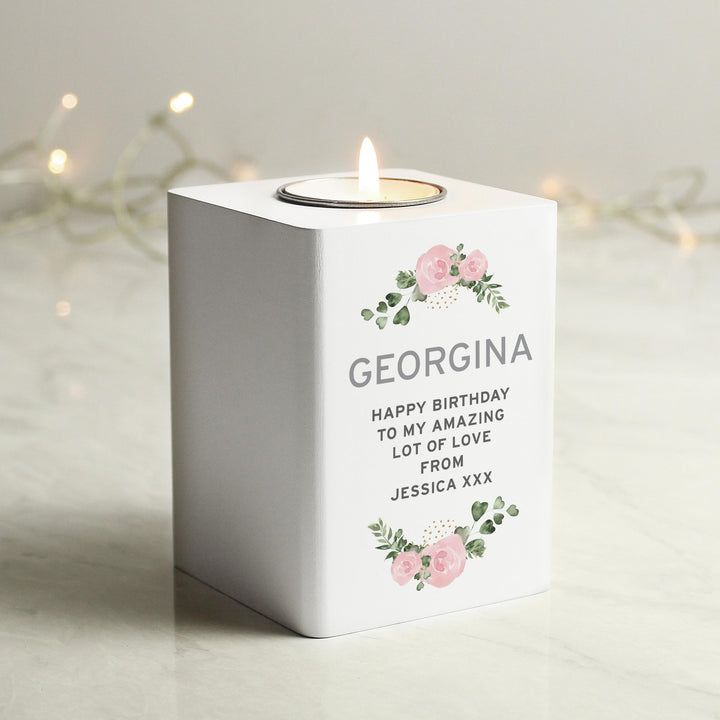 Personalised Abstract Rose White Wooden Tea light Holder – alternative view