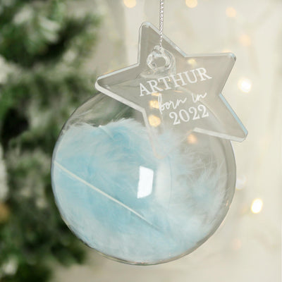 Personalised Born In Blue Feather Glass Bauble With Star Tag