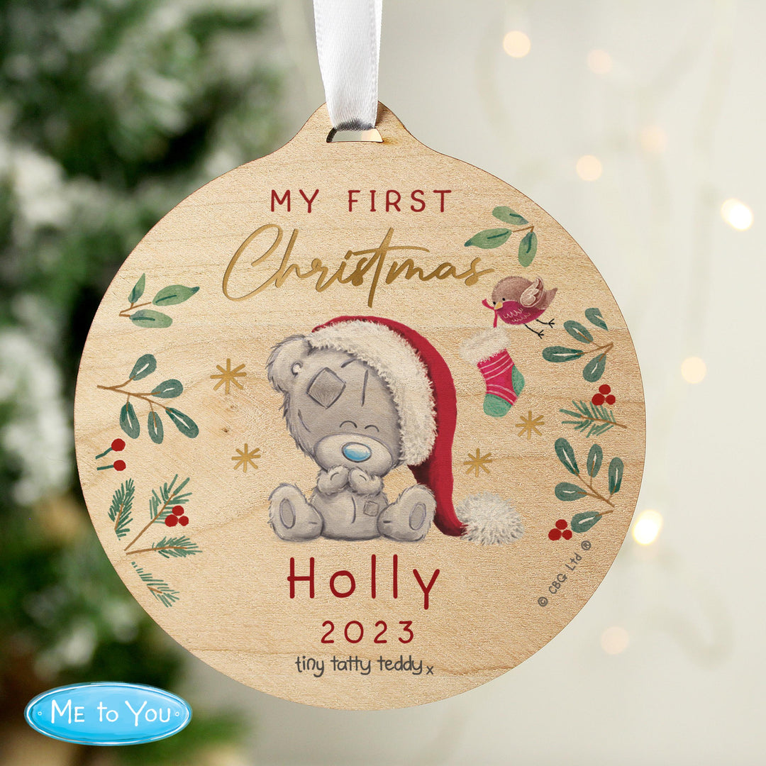 Personalised First Christmas Tiny Tatty Teddy Round Wooden Decoration, The Personal Shop, personalised gifts