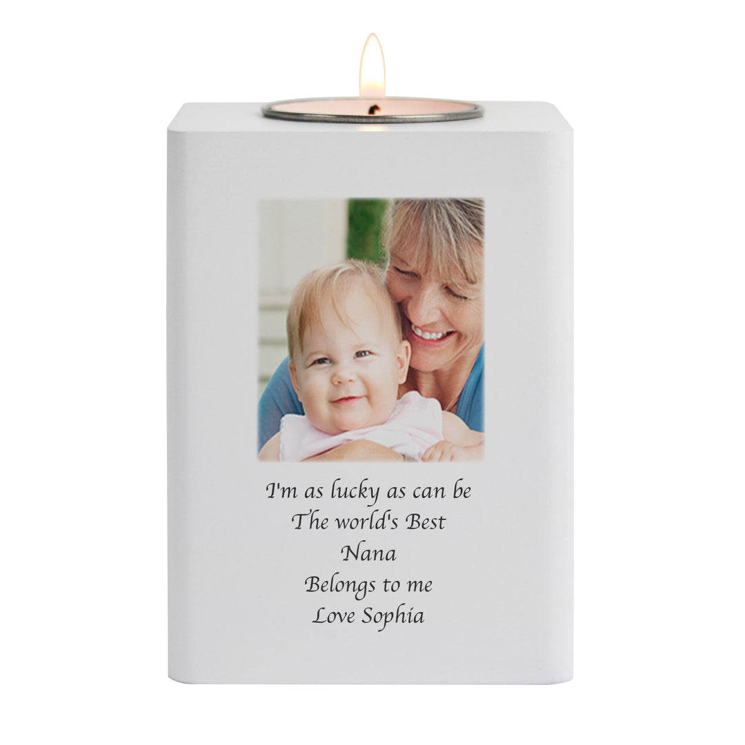 Personalised Photo Upload White Wooden Tea light Holder – alternative view