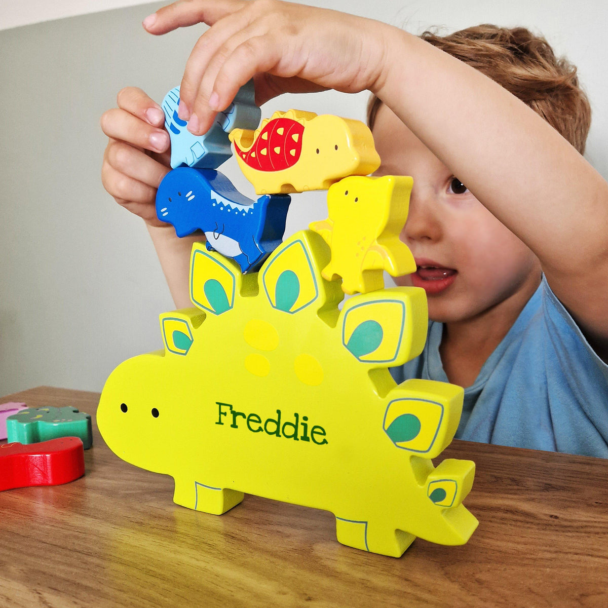 Personalised Name Only Wooden Dinosaur Stacker Toy – alternative view
