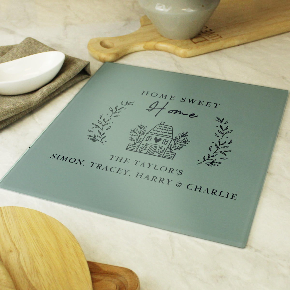 Personalised HOME Glass Chopping Board/Worktop Saver – alternative view