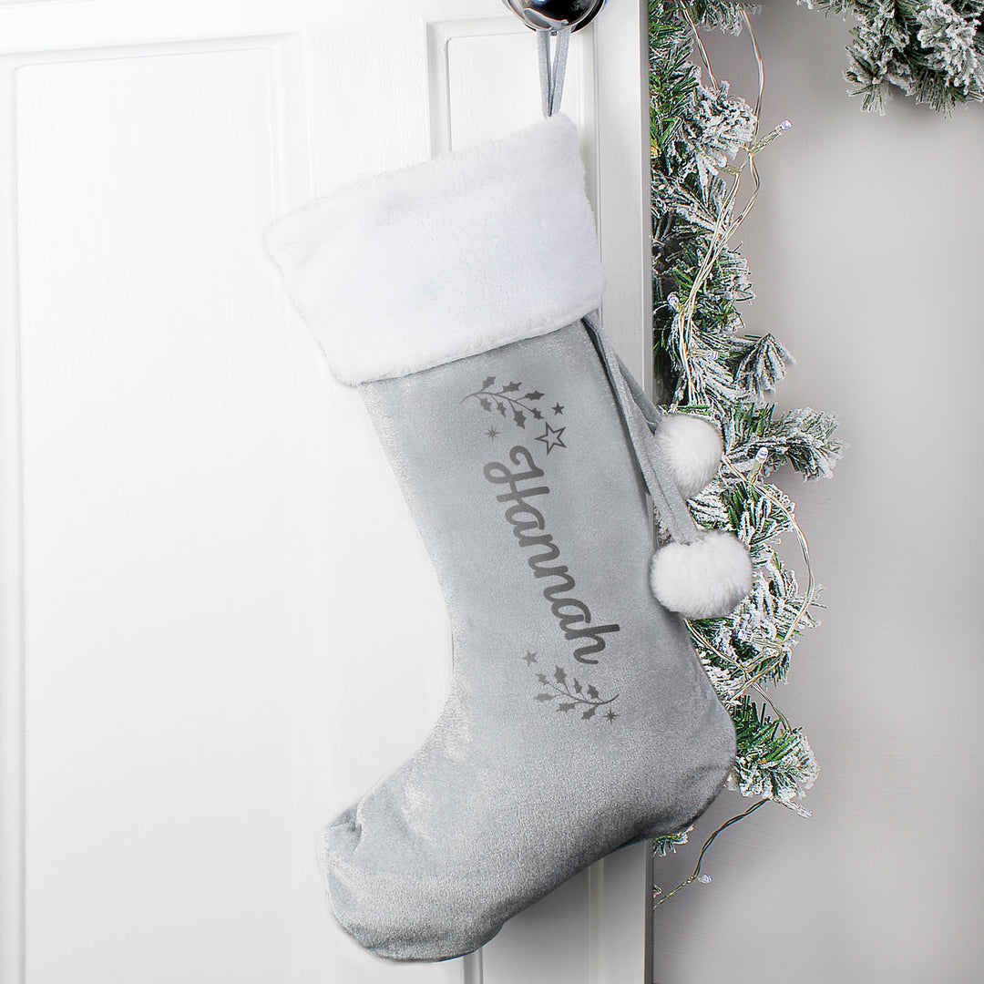 Personalised Holly Grey Christmas Stocking – alternative view