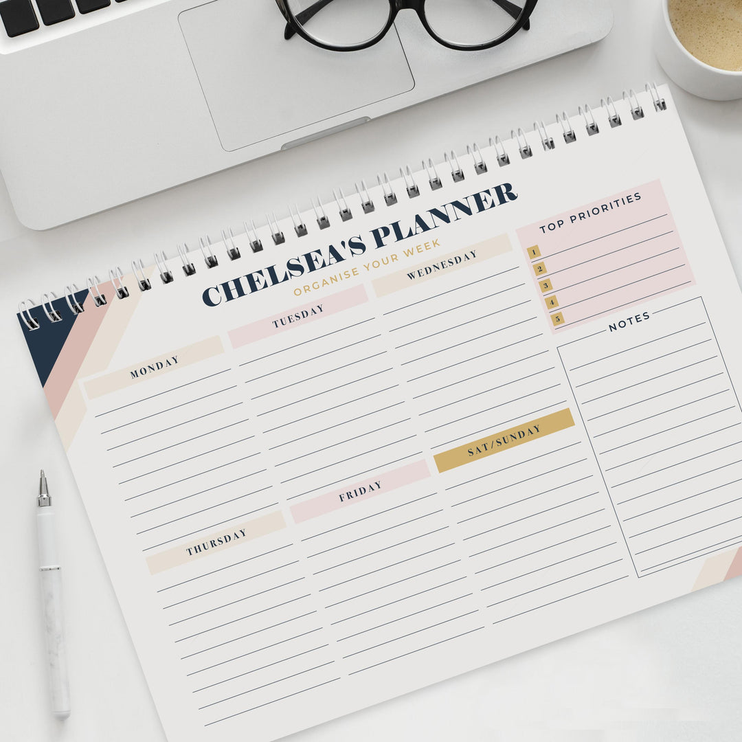 Personalised Free Text Navy &amp; Blush A4 Desk Planner, The Personal Shop, personalised gifts