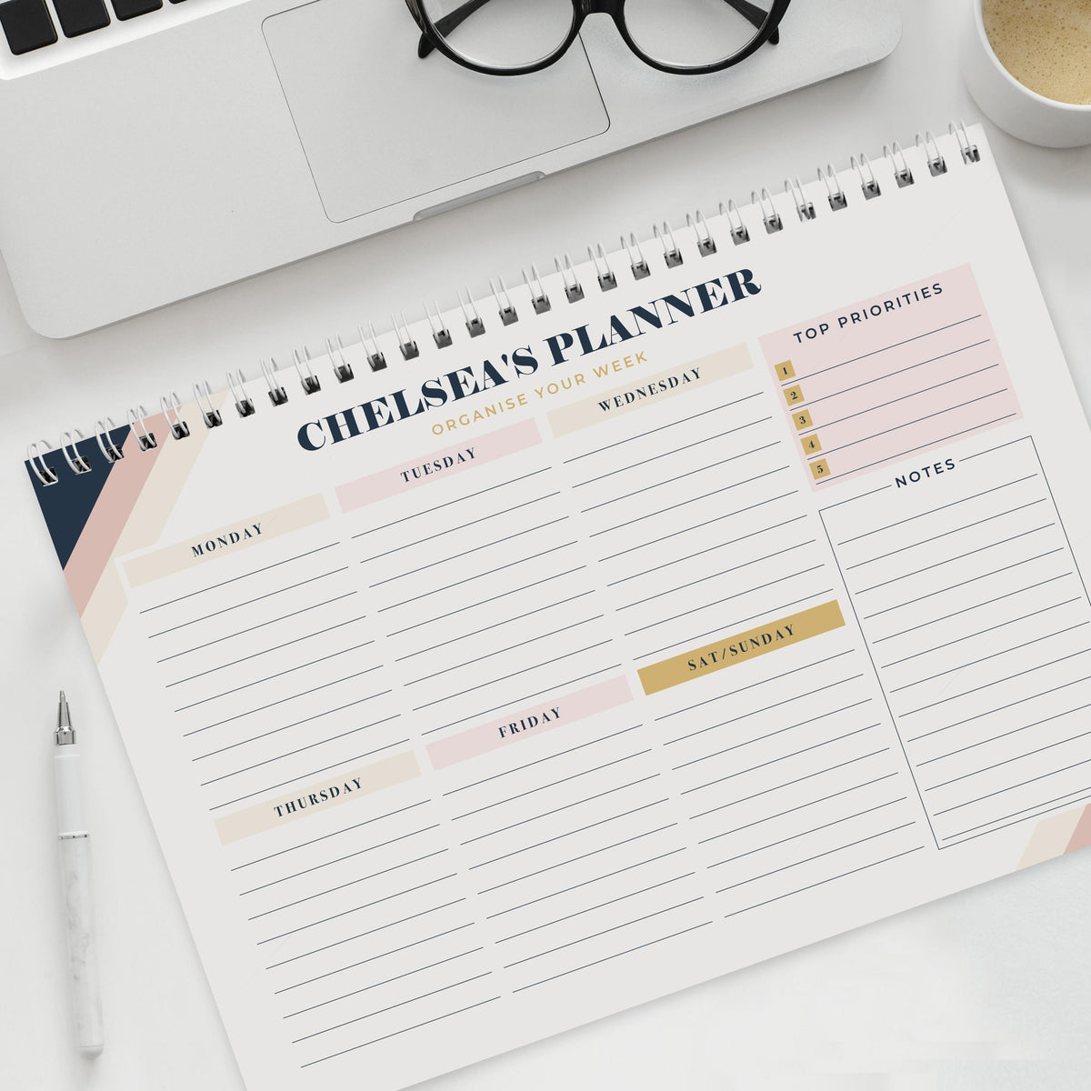 Personalised Free Text Navy & Blush A4 Desk Planner, The Personal Shop, personalised gifts