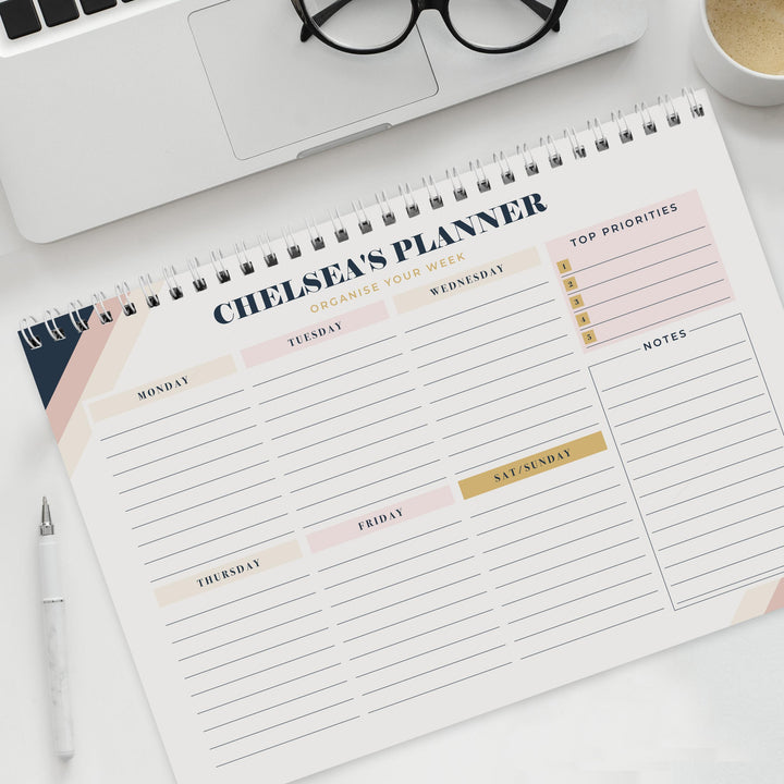 Personalised Free Text Navy &amp; Blush A4 Desk Planner, The Personal Shop, personalised gifts