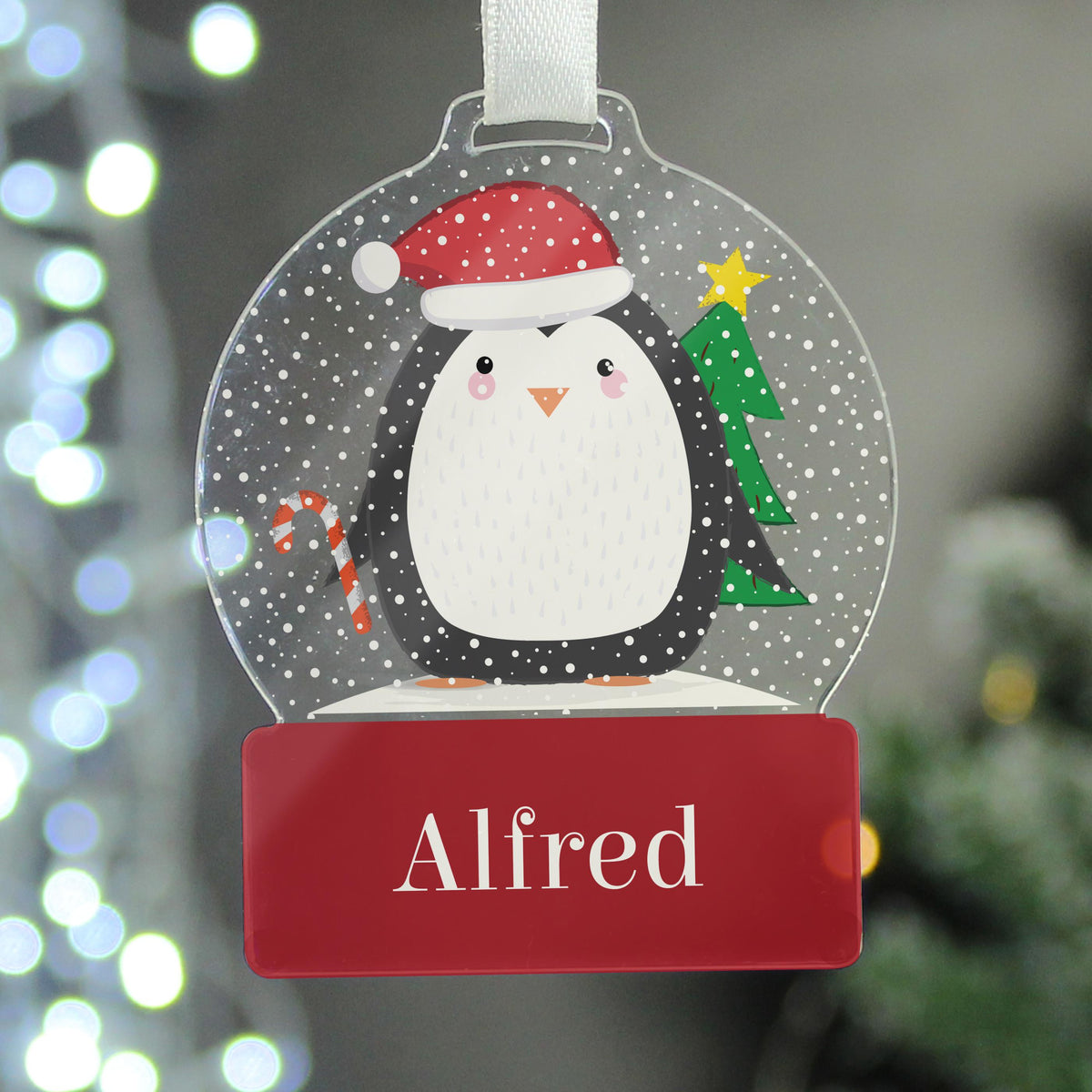 Personalised Penguin Acrylic Snowglobe Decoration, The Personal Shop, personalised gifts