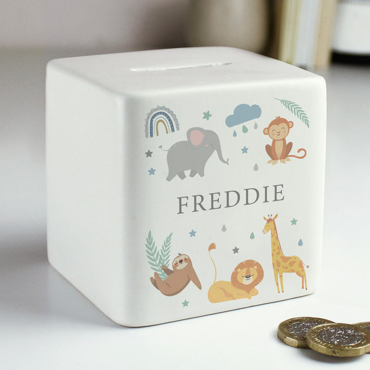 Personalised Safari Animals Ceramic Baby Moneybox – alternative view