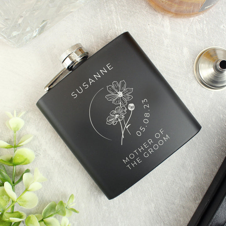 Personalised Monochrome Floral Wedding Party Black Hip Flask – alternative view