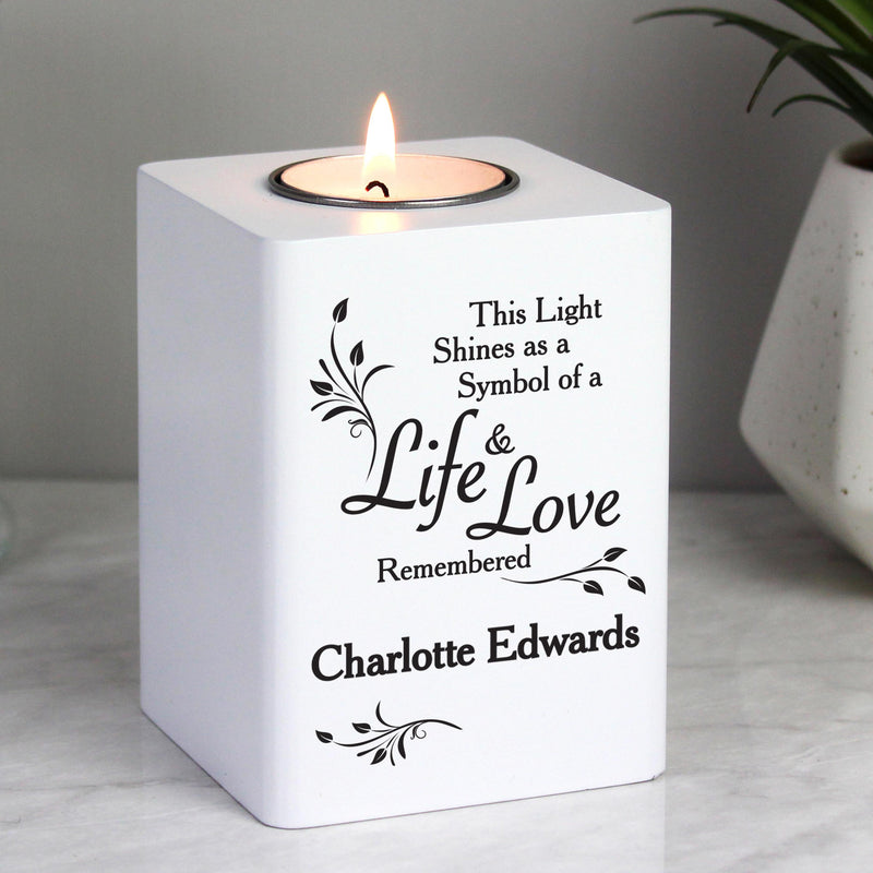 Personalised Life & Love White Wooden Tea Light Holder