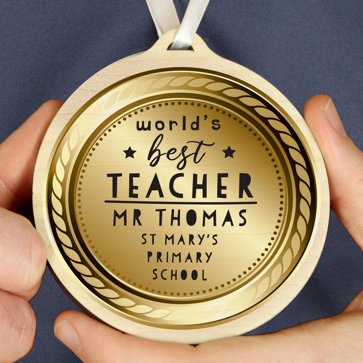 Personalised Worlds Best Teacher Round Wooden Medal – alternative view