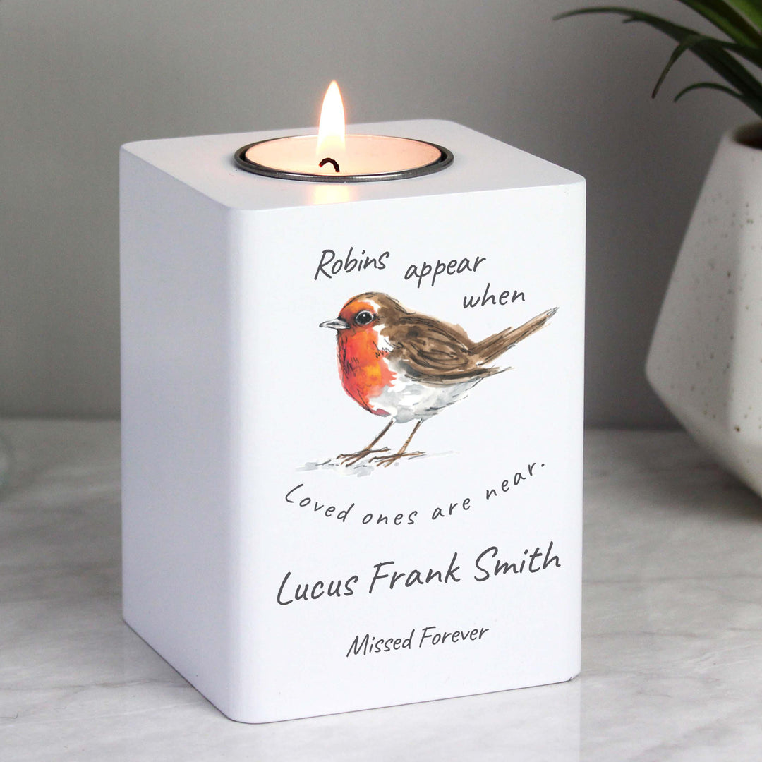 Personalised Robins Appear White Wooden Tea light Holder – alternative view