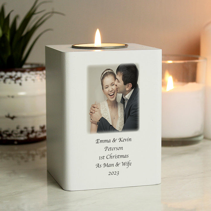 Personalised Photo Upload White Wooden Tea light Holder – alternative view