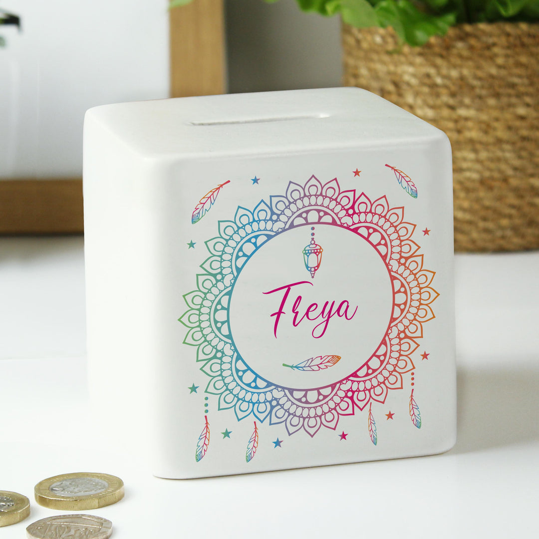 Personalised Dreamcatcher Ceramic Square Money Box – alternative view