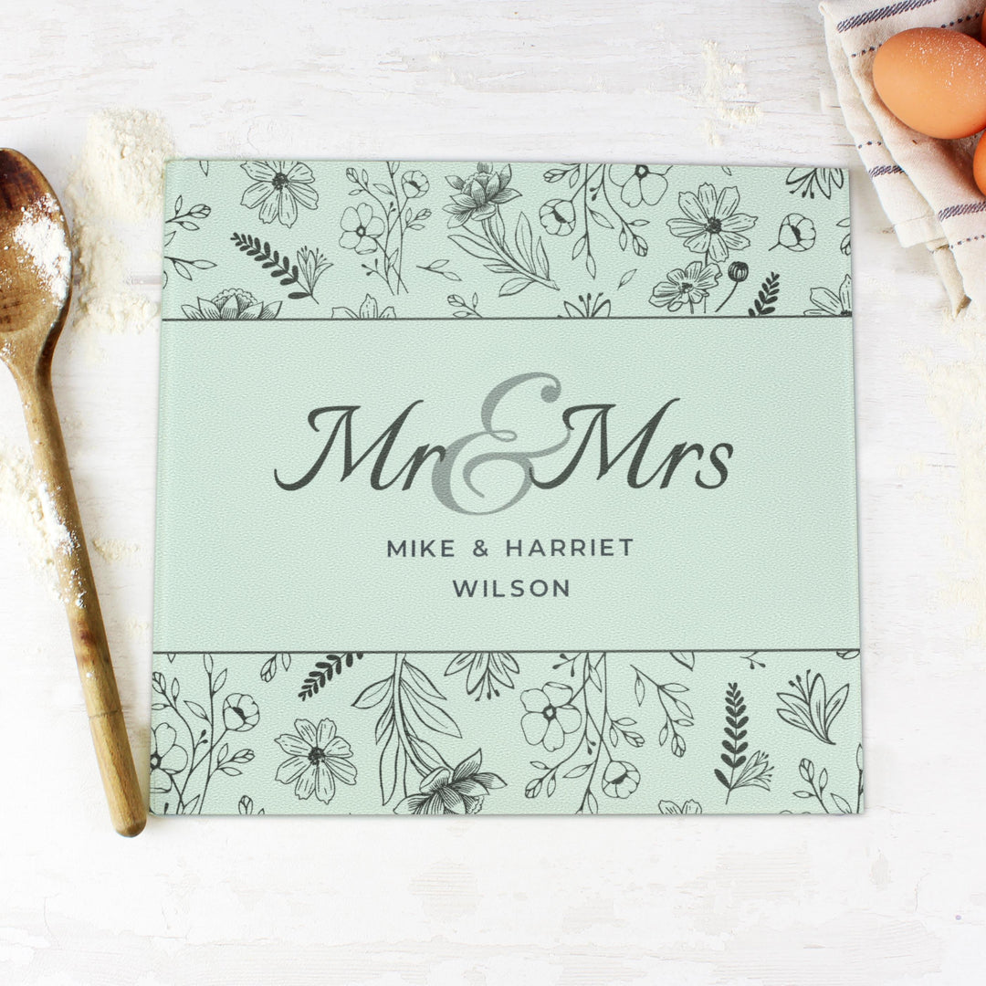 Personalised Mr &amp; Mrs Botanical Glass Chopping Board/Worktop Saver – alternative view