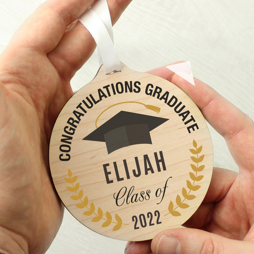 Personalised Graduation Round Wooden Decoration, The Personal Shop, personalised gifts