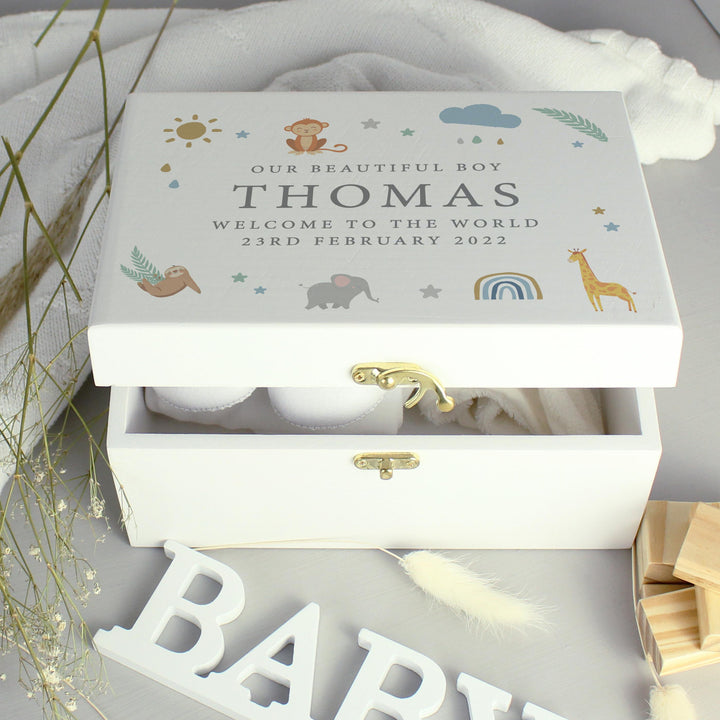 Personalised Safari Animals White Wooden Keepsake Box, The Personal Shop, personalised gifts